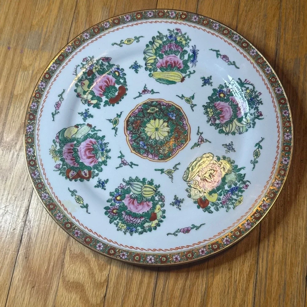 Vintage Hand Painted Chinese Famille Rose Porcelain Plate Gold Rim Floral 10in - Picture 1 of 8